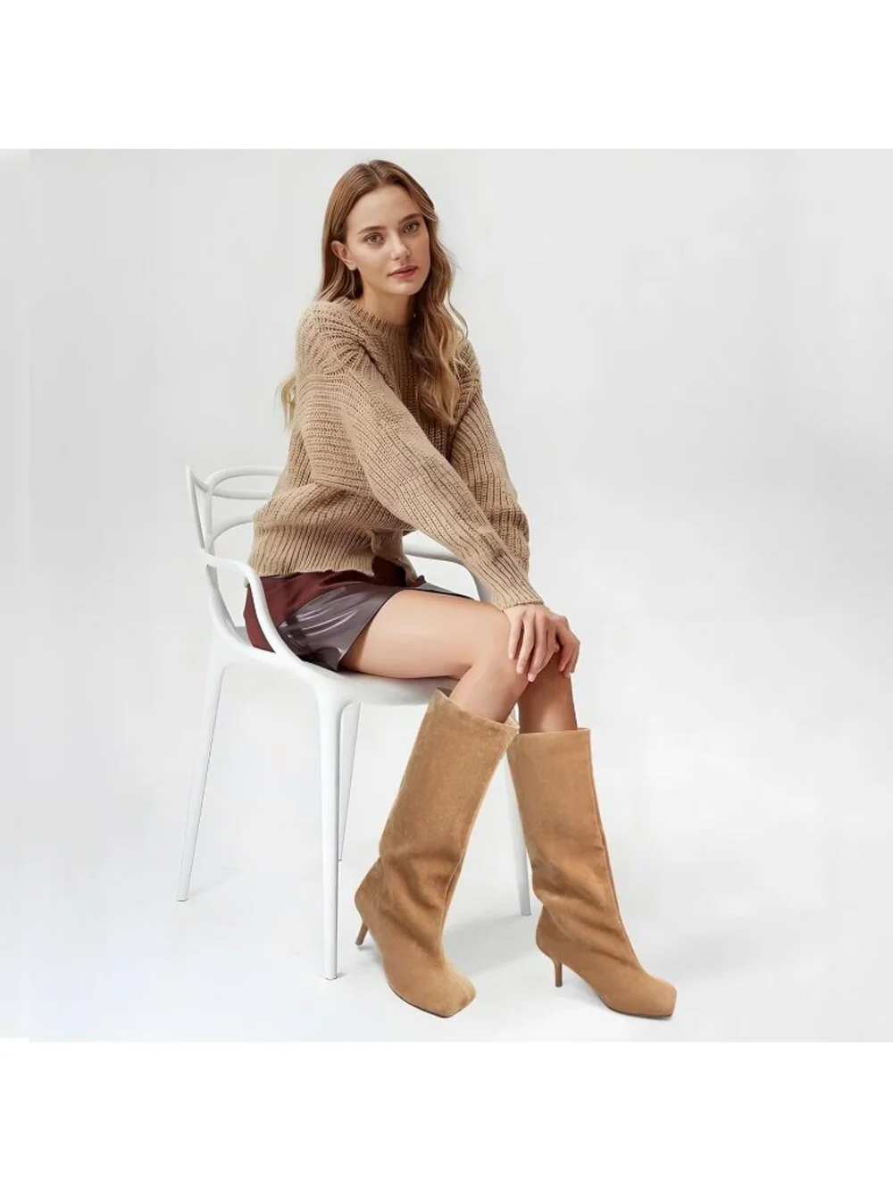 Women's Nude Faux Suede Square Knee High Toe Stiletto Heel Wide Calf Tall Boots - Picture 2 of 5